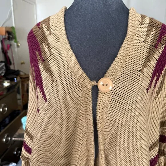 Beige Knit Fringe Poncho With Wooden Button Closure & Burgundy Stripes By Lovely - Picture 2 of 7